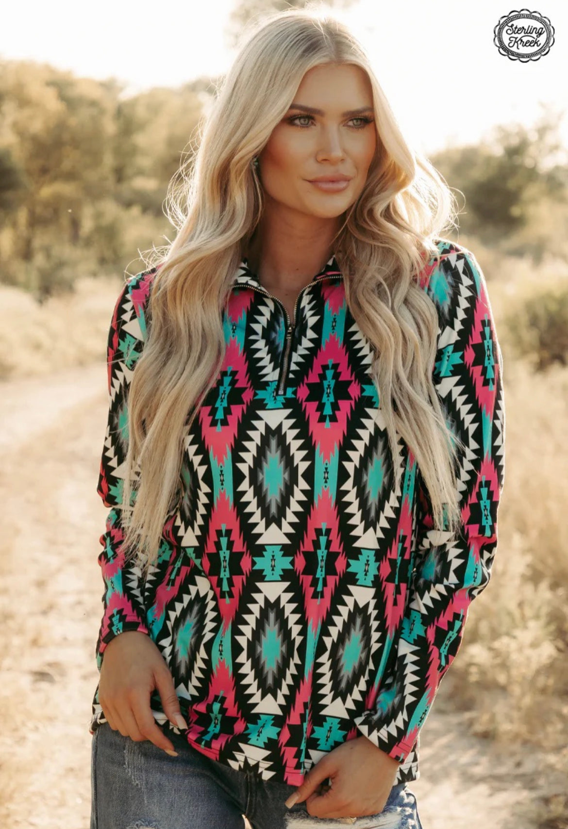 Pink/Teal/White Aztec Pullover