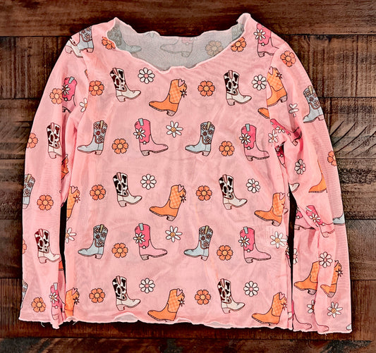 Little Girls Pink/Boots Mesh Top