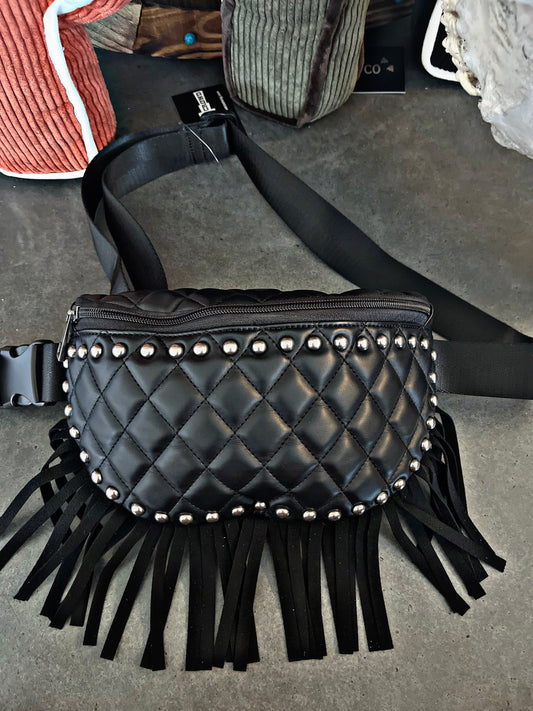 Black Quilted Fringe Sling Bag/Fanny Pack