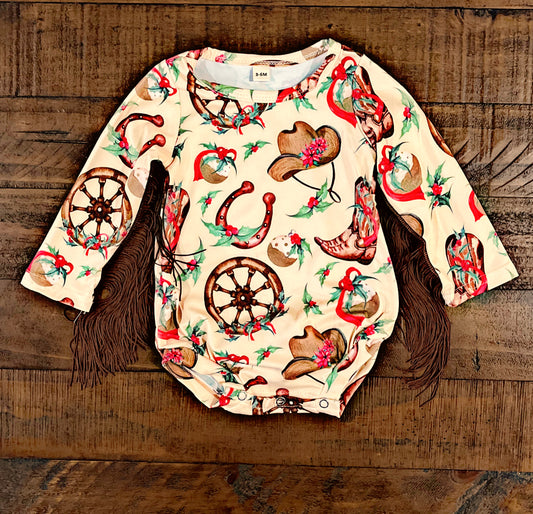 Christmas/Western Print Onesie with Fringe