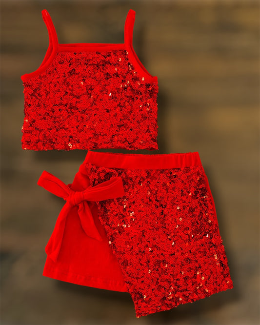 Red Sequins Skirt Set