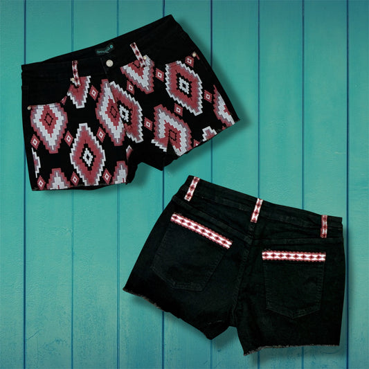Red and Black Aztec Denim Shorts