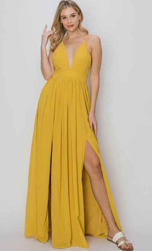 Yellow Double Slit Maxi Dress