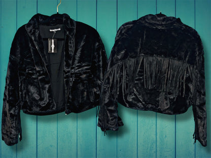 Black Faux Fur with Fringes Cropped Jacket