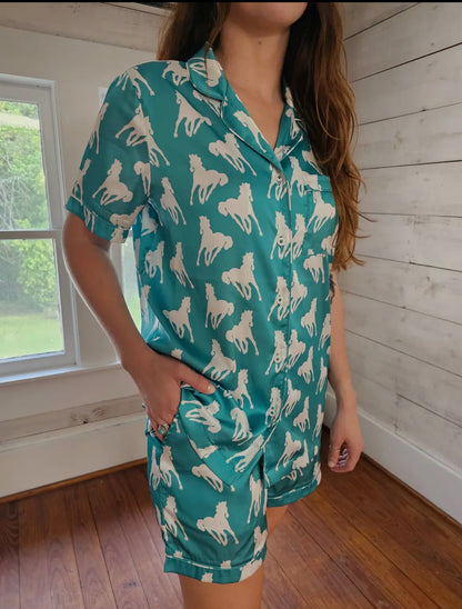 Teal Satin Pajama Short Set