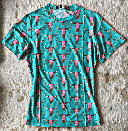 Short Sleeve Teal Longhorn Mesh Top