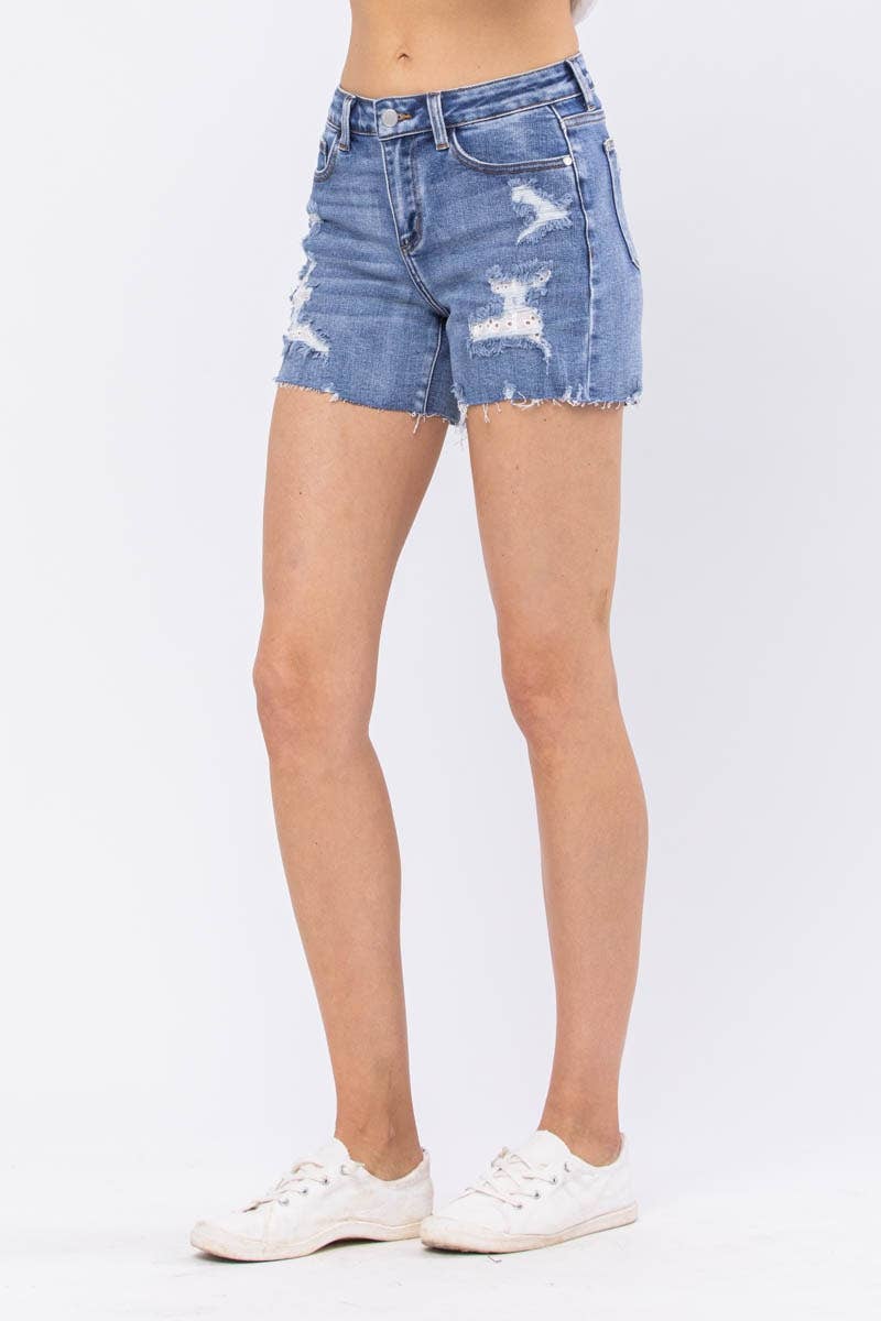 “Lacey” - Lace Patch/Distressed Shorts
