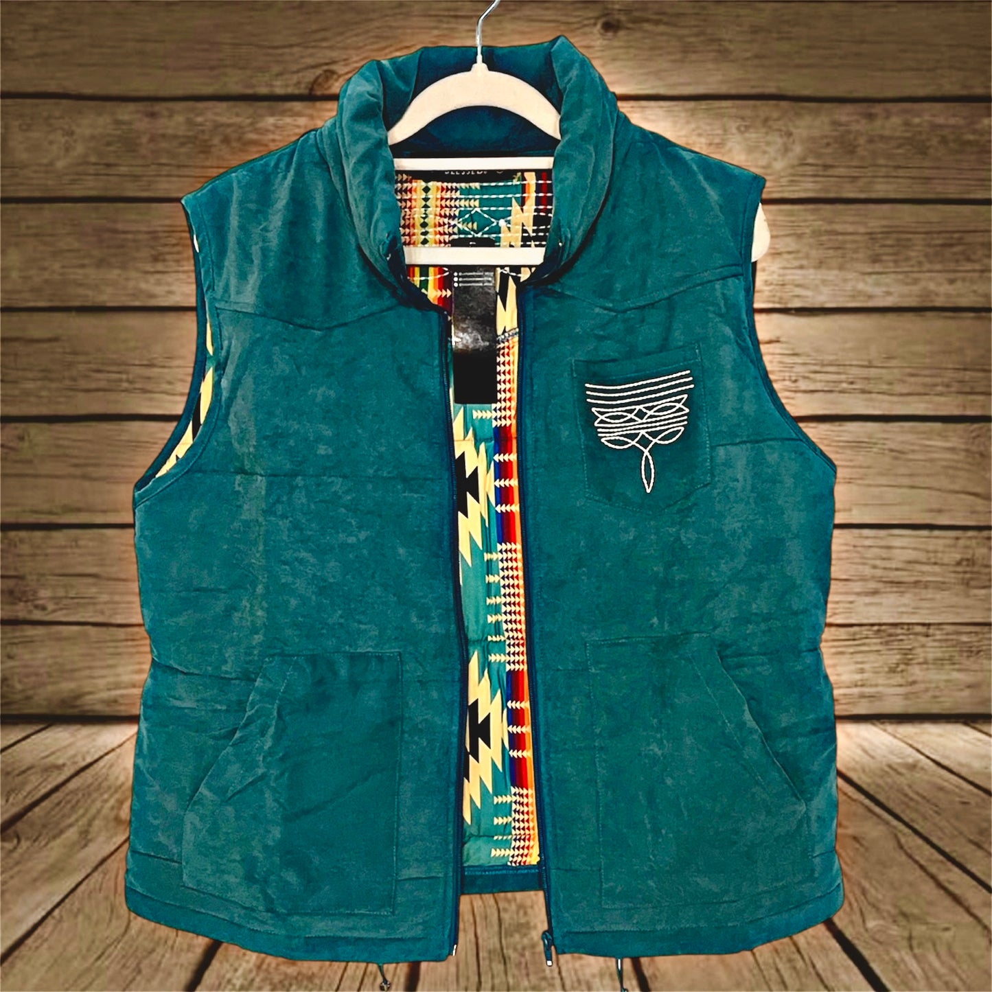Teal Puffer Boot Stitch and Aztec Detailed Vest