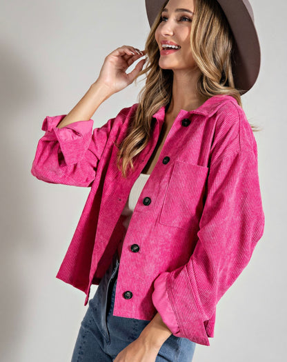Hot Pink Corduroy Crop Shacket