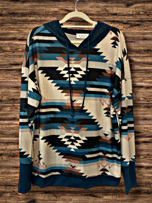 Blue Aztec Print Hoodie