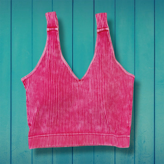 Mineral Washed Ribbed and Padded Bralette - Viva Magenta