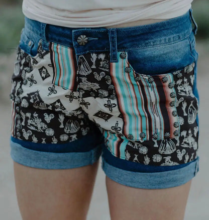 Denim Patched Shorts - Serape/Western
