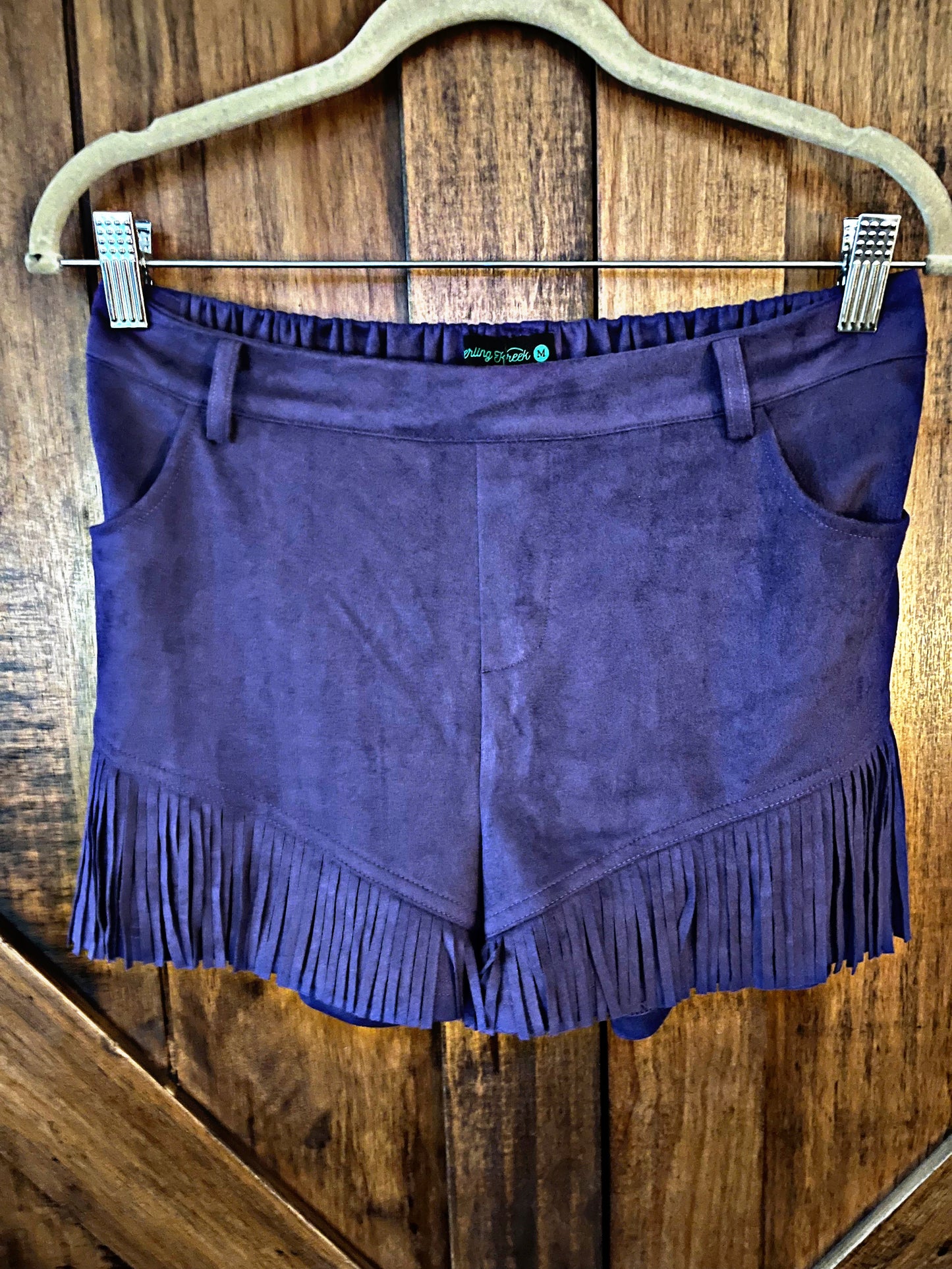 Purple Fringe Suede Shorts