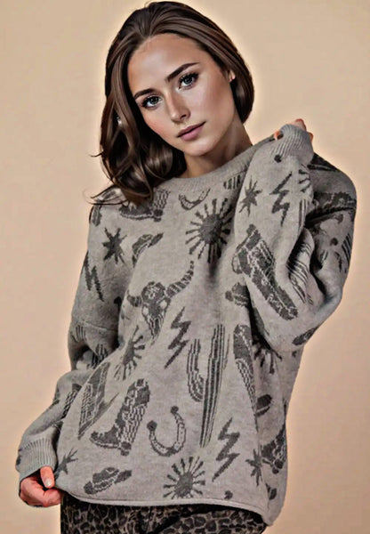 Gray Western Print Sweater