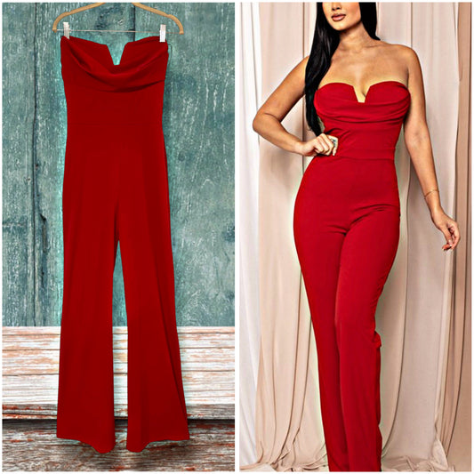 Black or Red Strapless Jumpsuit with Cowl Neckline