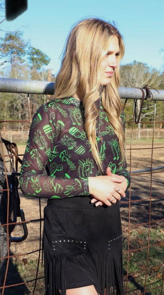 Green/Black Cactus Mesh Top