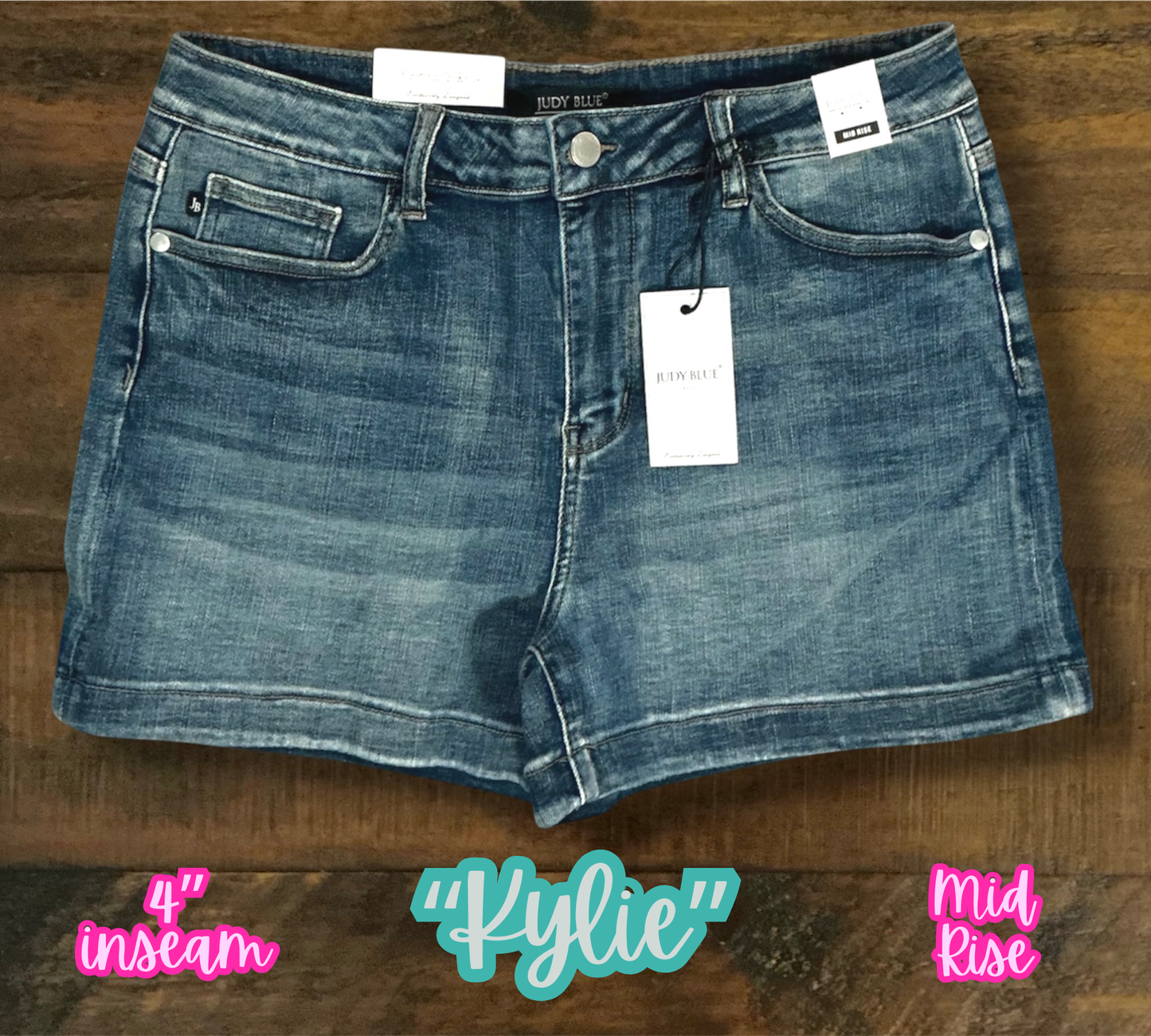 “Kylie” - Darker Wash Hem Cuffed Shorts