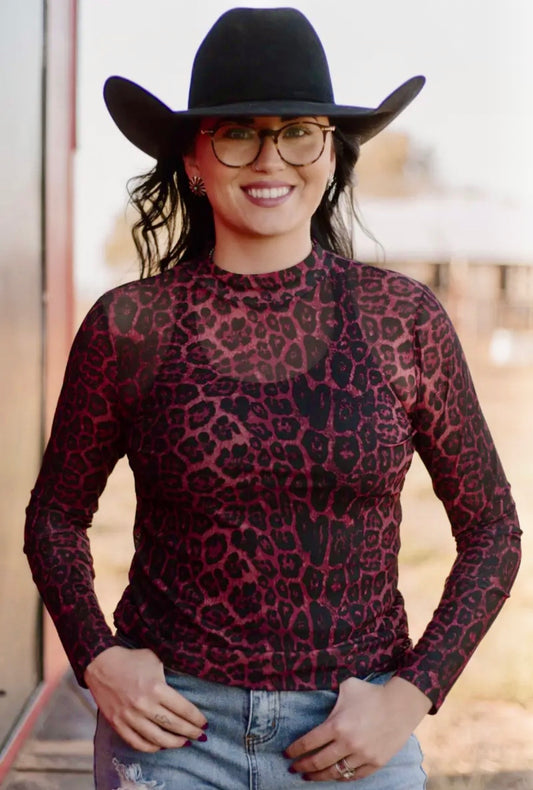 Maroon and Animal Print Mesh Top
