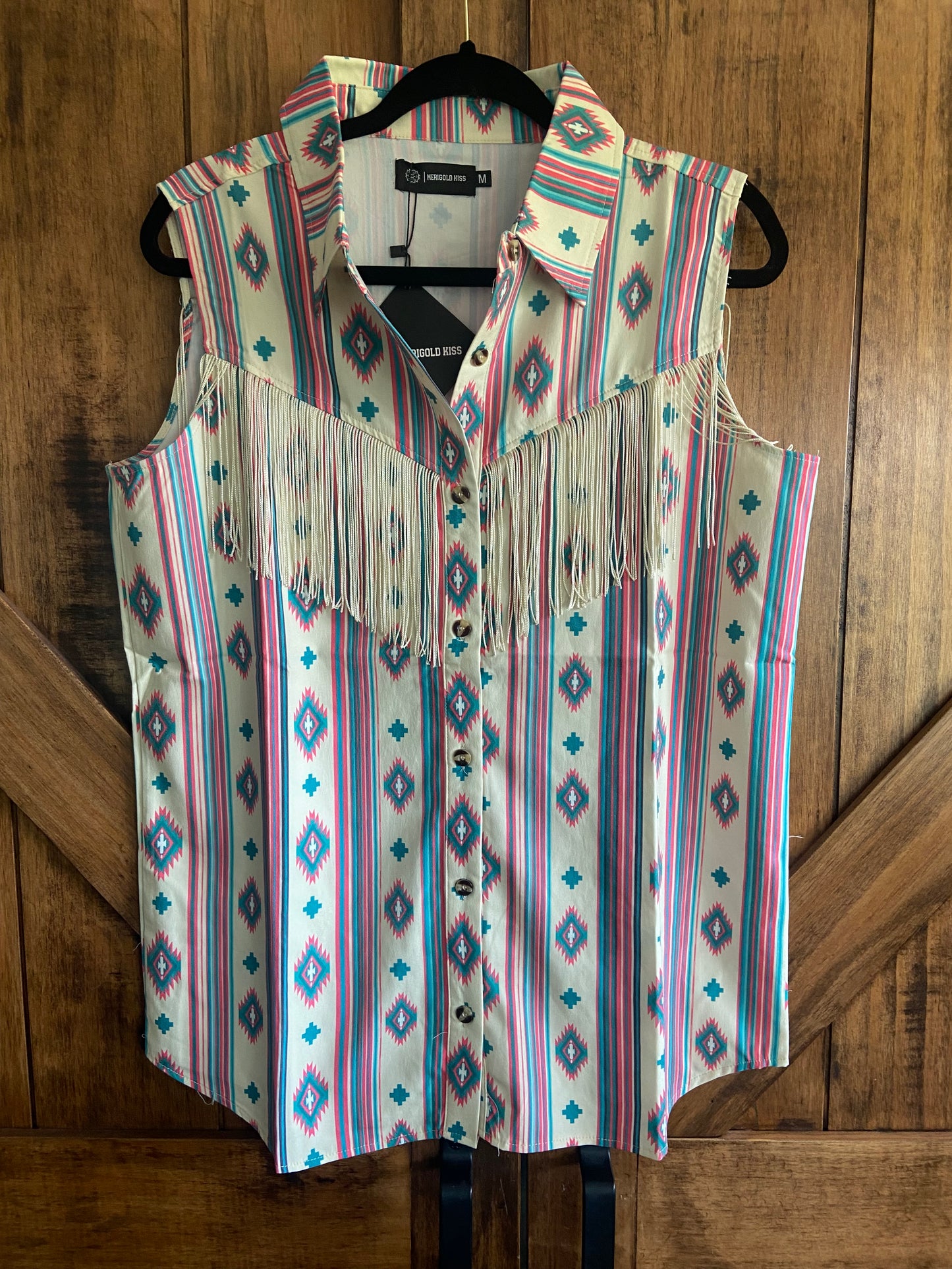 Teal/Pink Aztec Fringed Button Up