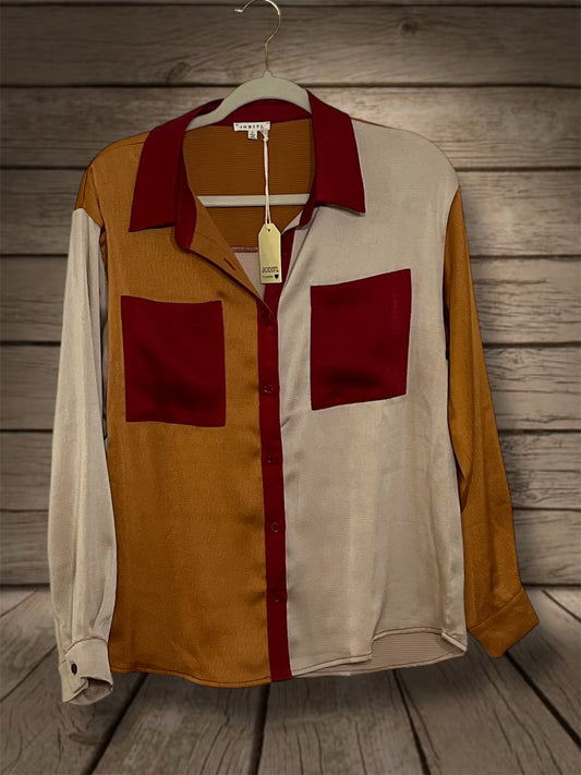 Satin Colorblock Top Wine/Oatmeal