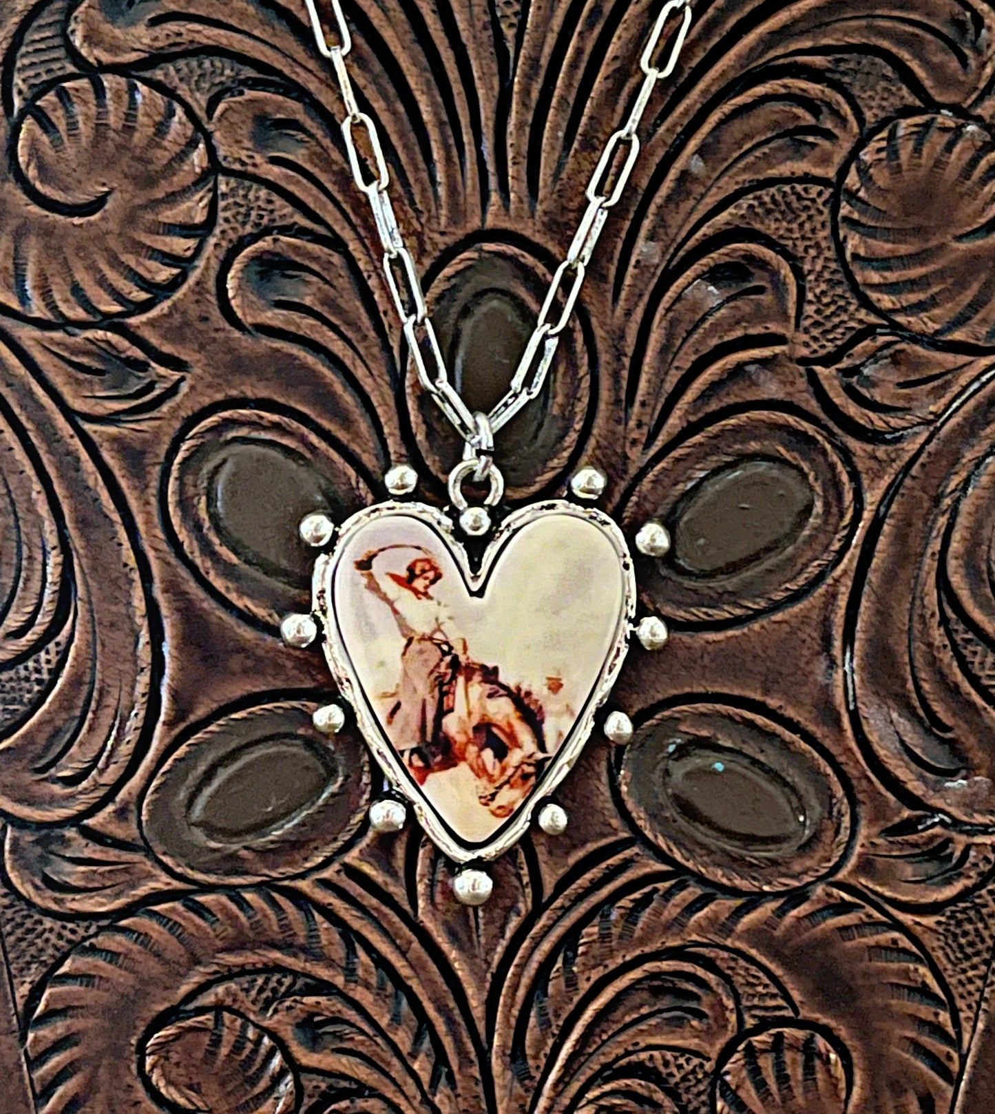 Pink Heart & Cowgirl Scene Necklace