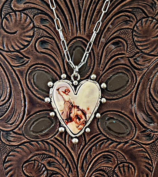 Pink Heart & Cowgirl Scene Necklace