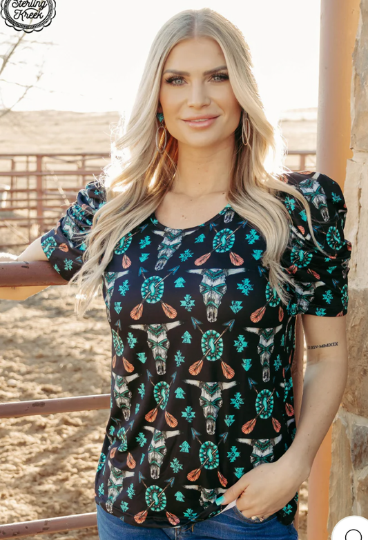 Longhorn Skull and Turquoise Stone Short Sleeve Top