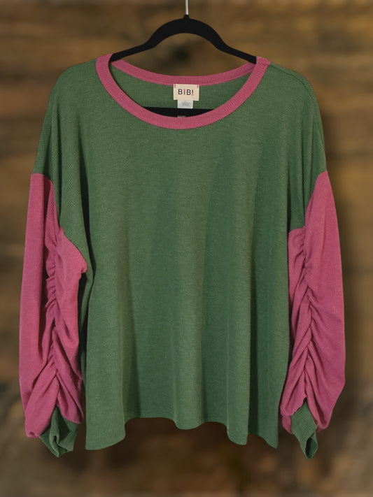 Green Top w/ Pink Sleeves and Trim
