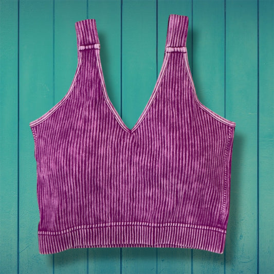 Mineral Washed Ribbed and Padded Bralette - Plum