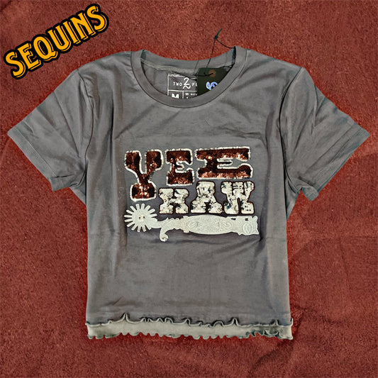 Sequined “Yeehaw” Dark Gray Crop Top