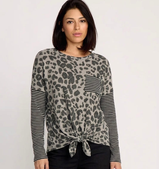 Gray Animal Print Top with Front Tie