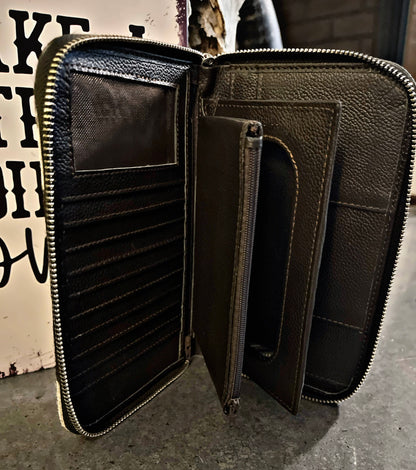 Dark Brown Cowhide and Leather Zippered Wallet