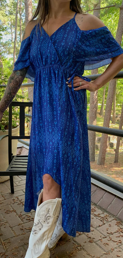 Off the Shoulder Blue Aztec Dress