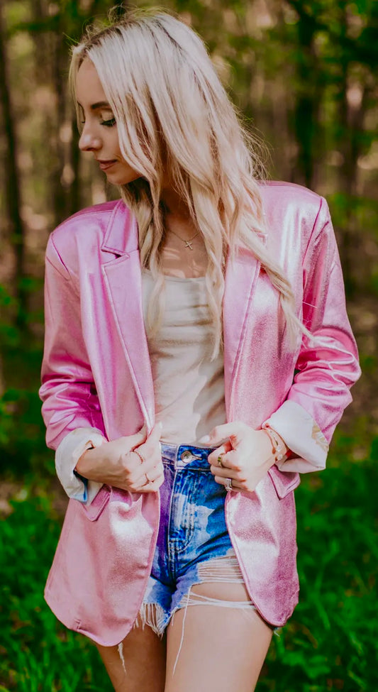Metallic Faux Leather Pink Blazer