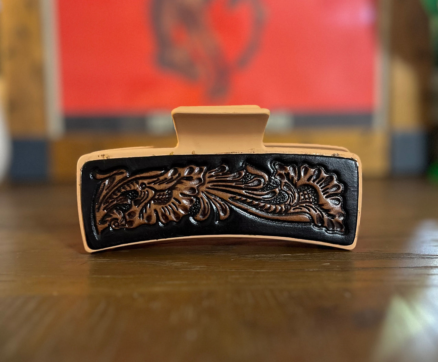 5” Myra Brand Hair Clips/Claws - Tooled Leather/Cowhide