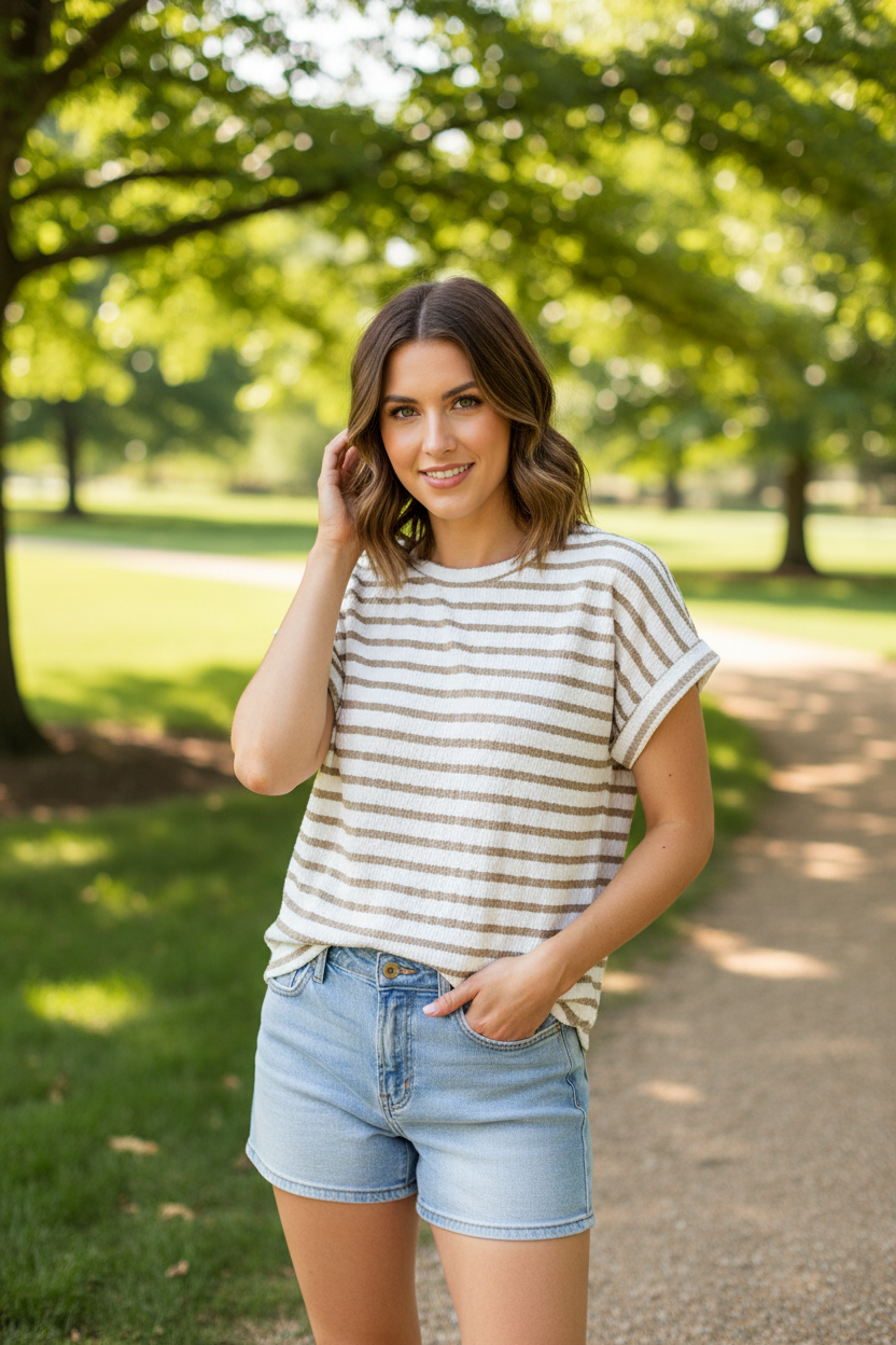 White and Khaki Striped Top