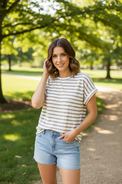 White and Khaki Striped Top