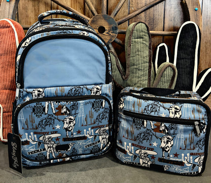 Slate Blue Western Print Backpack and Lunchbox