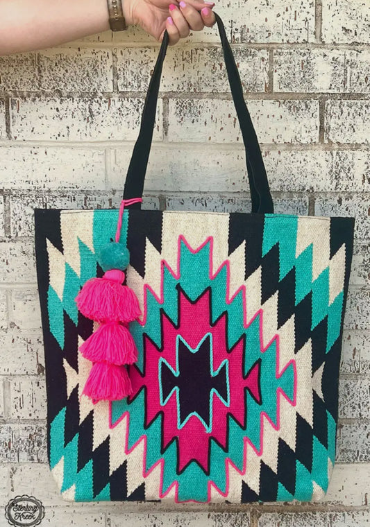 Turquoise/Pink Aztec Print Tote