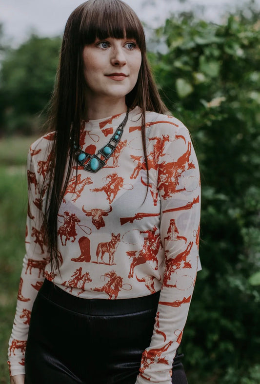 Western Print 3D Mesh Top - Rust/Cream