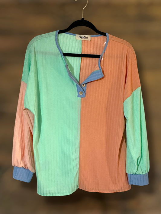 Mint/Orange Color Block Long Sleeve Top