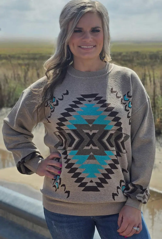 Aztec Print Sweater - Beige/Turquoise