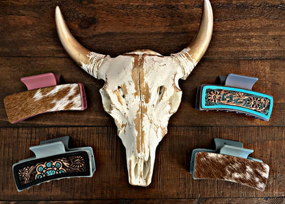 3.5” Myra Brand Hair Clips/Claws - Tooled Leather/Cowhide