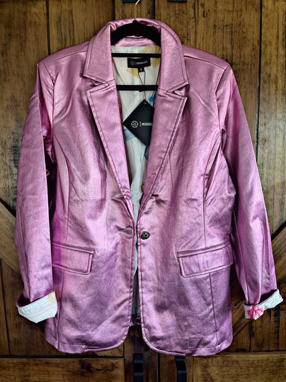 Metallic Faux Leather Pink Blazer