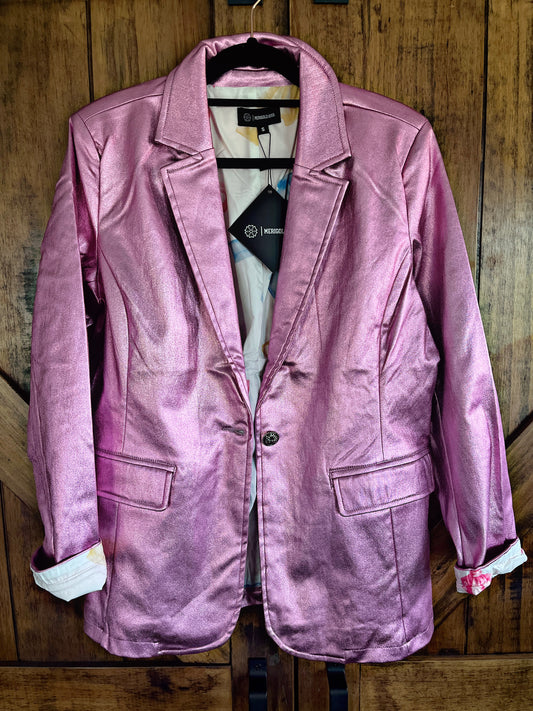 Metallic Faux Leather Pink Blazer