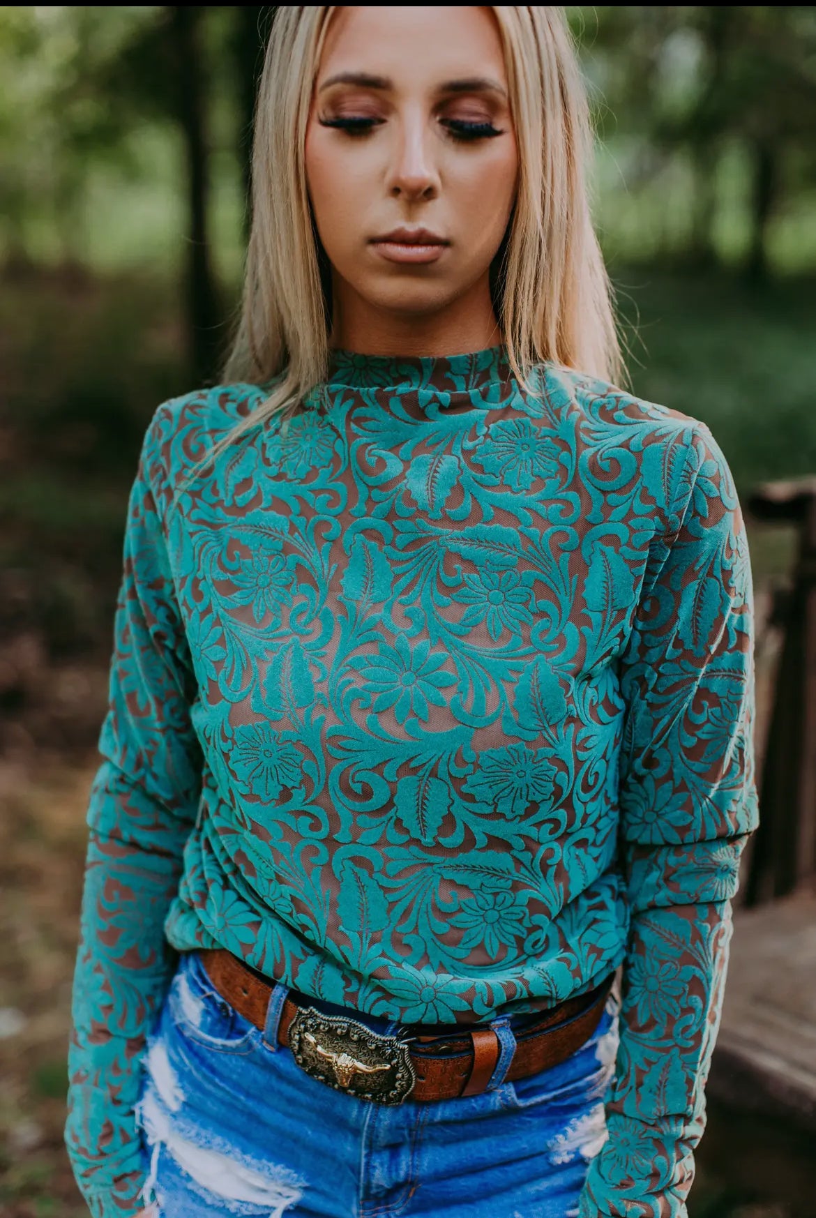 Textured Turquoise Mesh Top