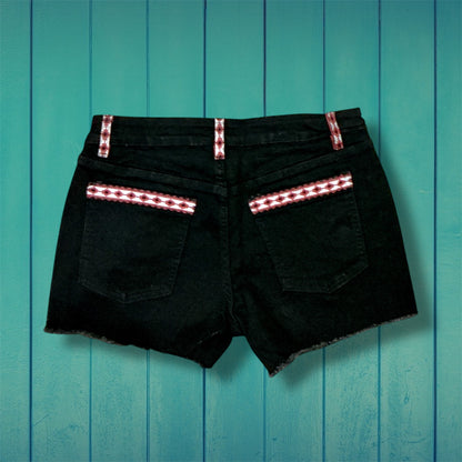 Red and Black Aztec Denim Shorts