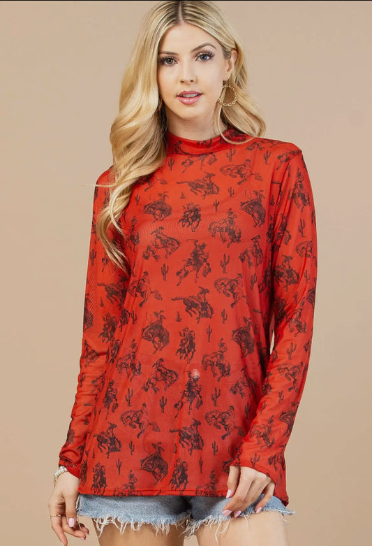 Red Bucking Horse Mesh Top