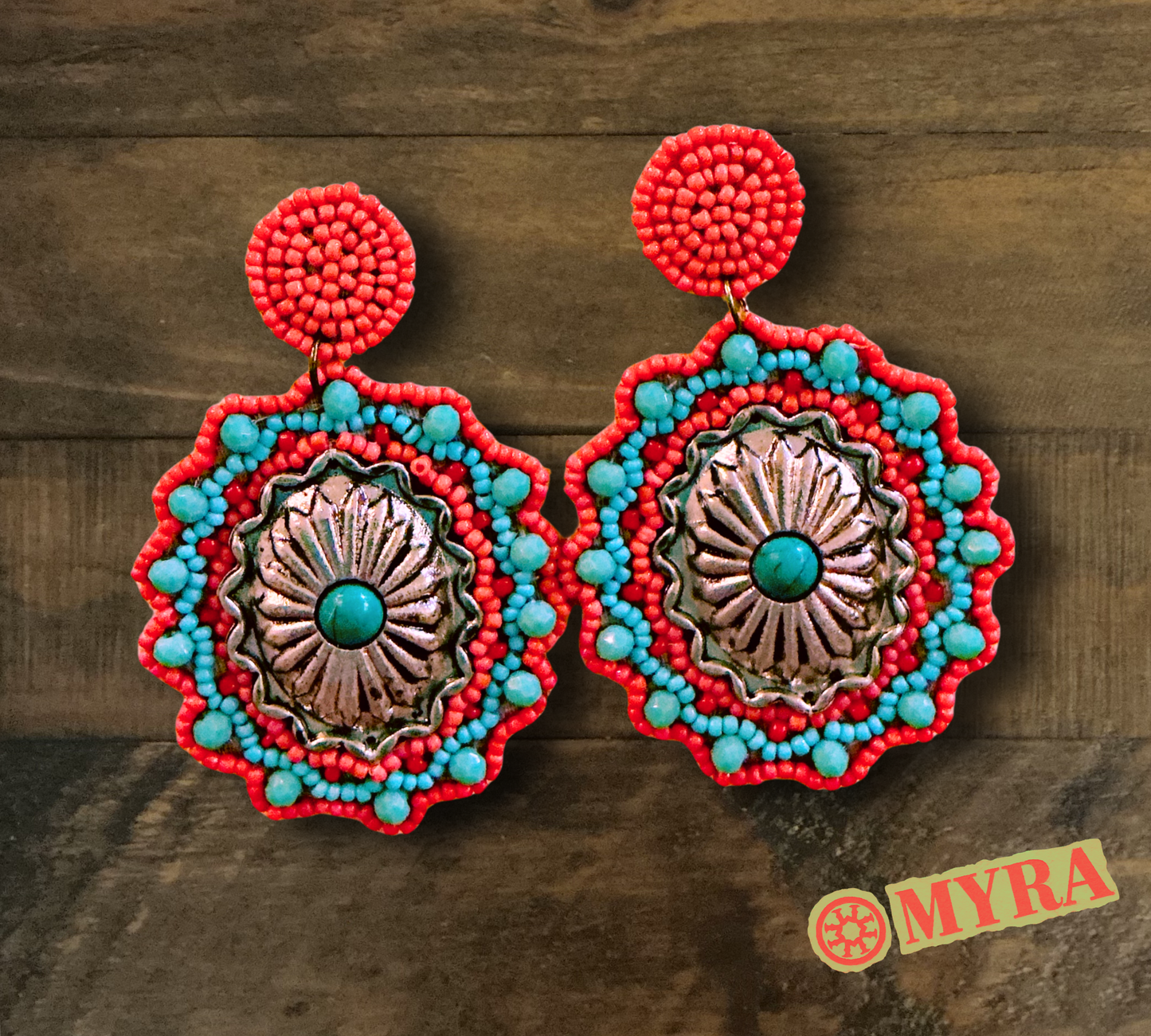 Turquoise and Coral Concho Beaded Earrings