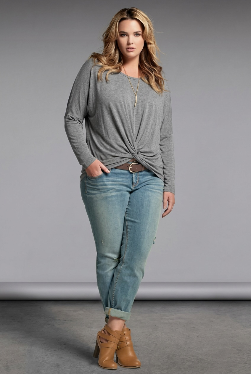 Gray Front Twist Long Sleeved Top